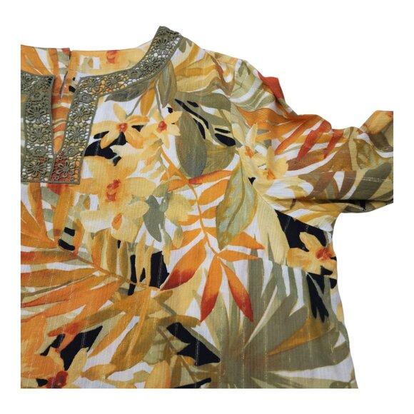 Alfred Dunner Womens Floral Top 22W Cotton Blend 3/4 Sleeve Tropical Leaf Print - Picture 5 of 8